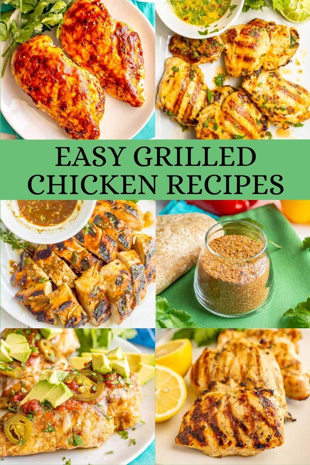 A collage of 6 photos of grilled chicken with marinades or rubs with a text block in the middle