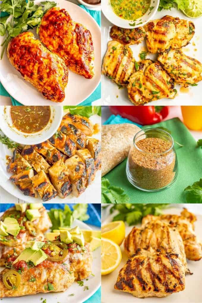 A collage of 6 photos of grilled chicken with marinades or rubs