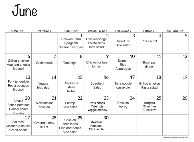 A June meal plan calendar with dinner ideas for each day of the month
