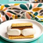 An individual smore on a small white plate with a text overlay on the photo