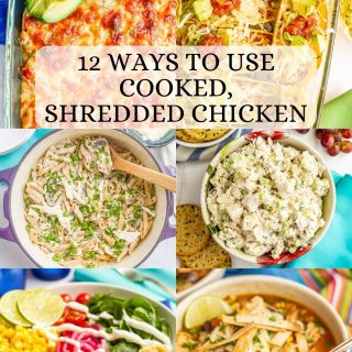 A collage of six photos of recipes made using leftover cooked, shredded chicken with a text overlay on the photos
