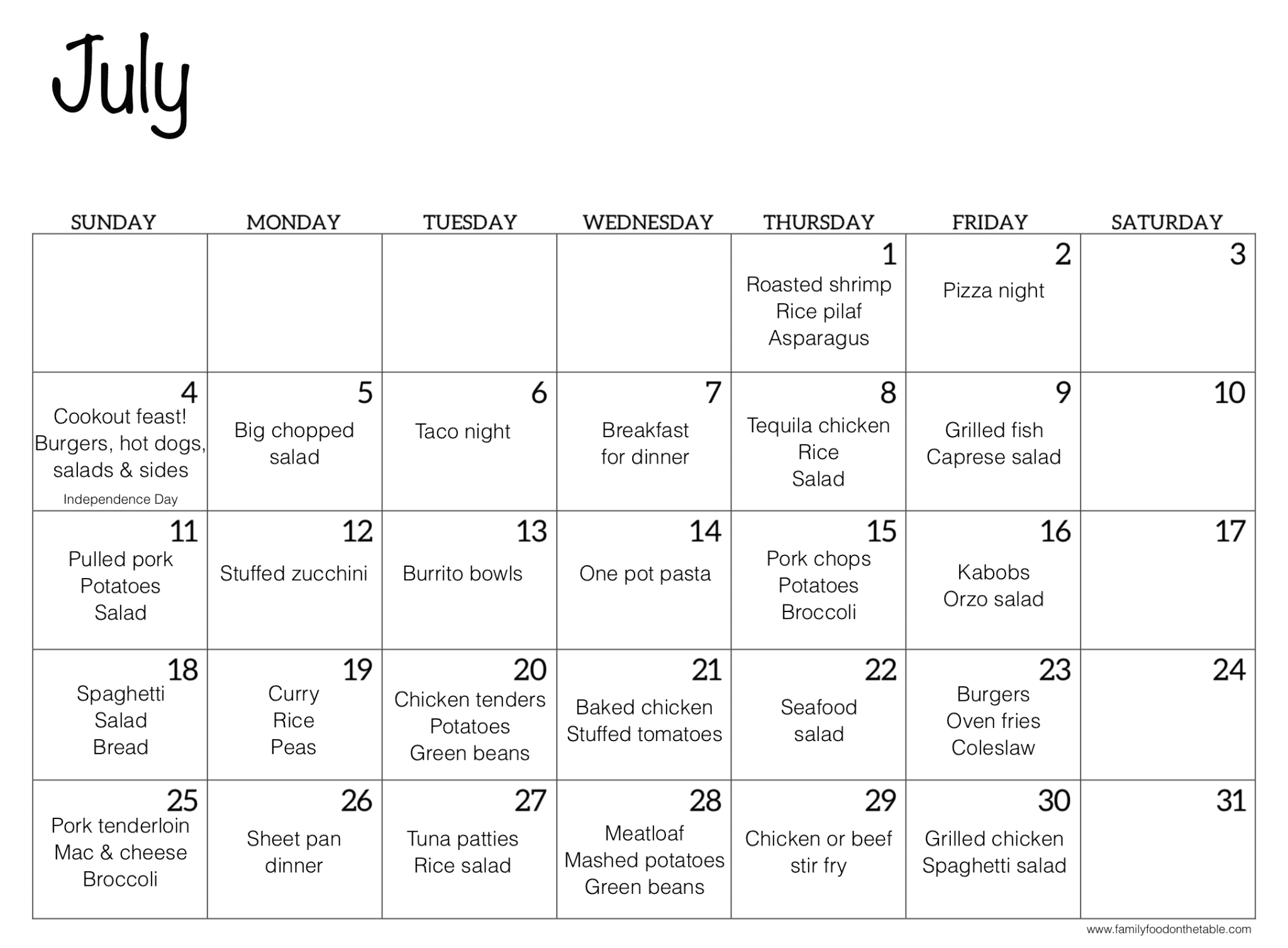 July Meal Plan Family Food on the Table