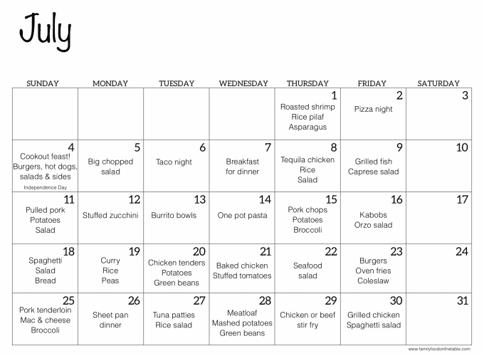 A July calendar with ideas for easy dinners for each day of the month