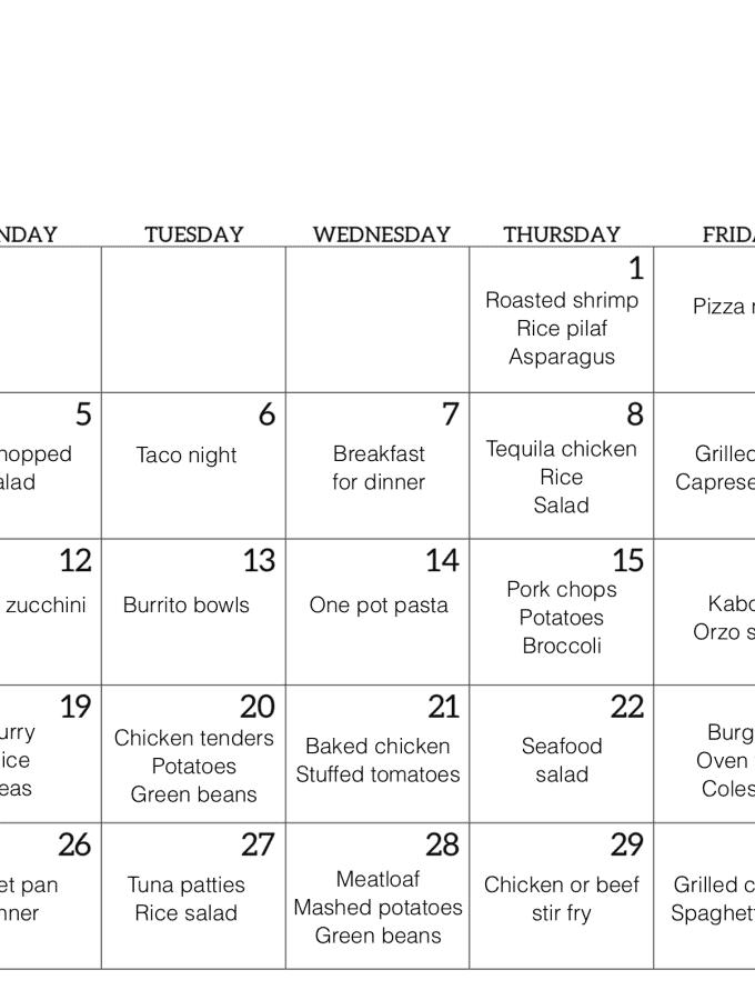A July calendar with ideas for easy dinners for each day of the month