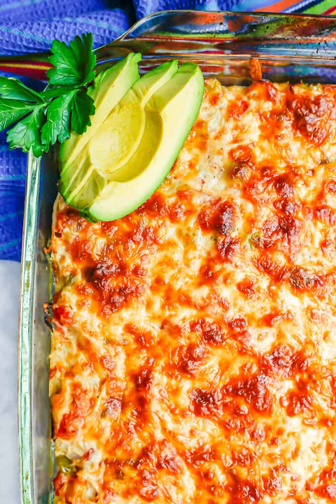 Close up of cheesy King Ranch casserole with chicken and tortillas after being baked with cilantro and avocado slices on top