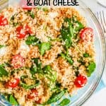 A large glass bowl with a quinoa spinach salad mix and a text overlay on the photo