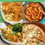 A collage of 10 chicken dinner recipe photos with a text box in the middle reading 60 healthy chicken dinners