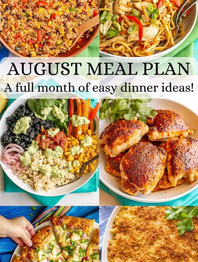 A collage of six dinner photos with a text overlay on top reading August meal plan