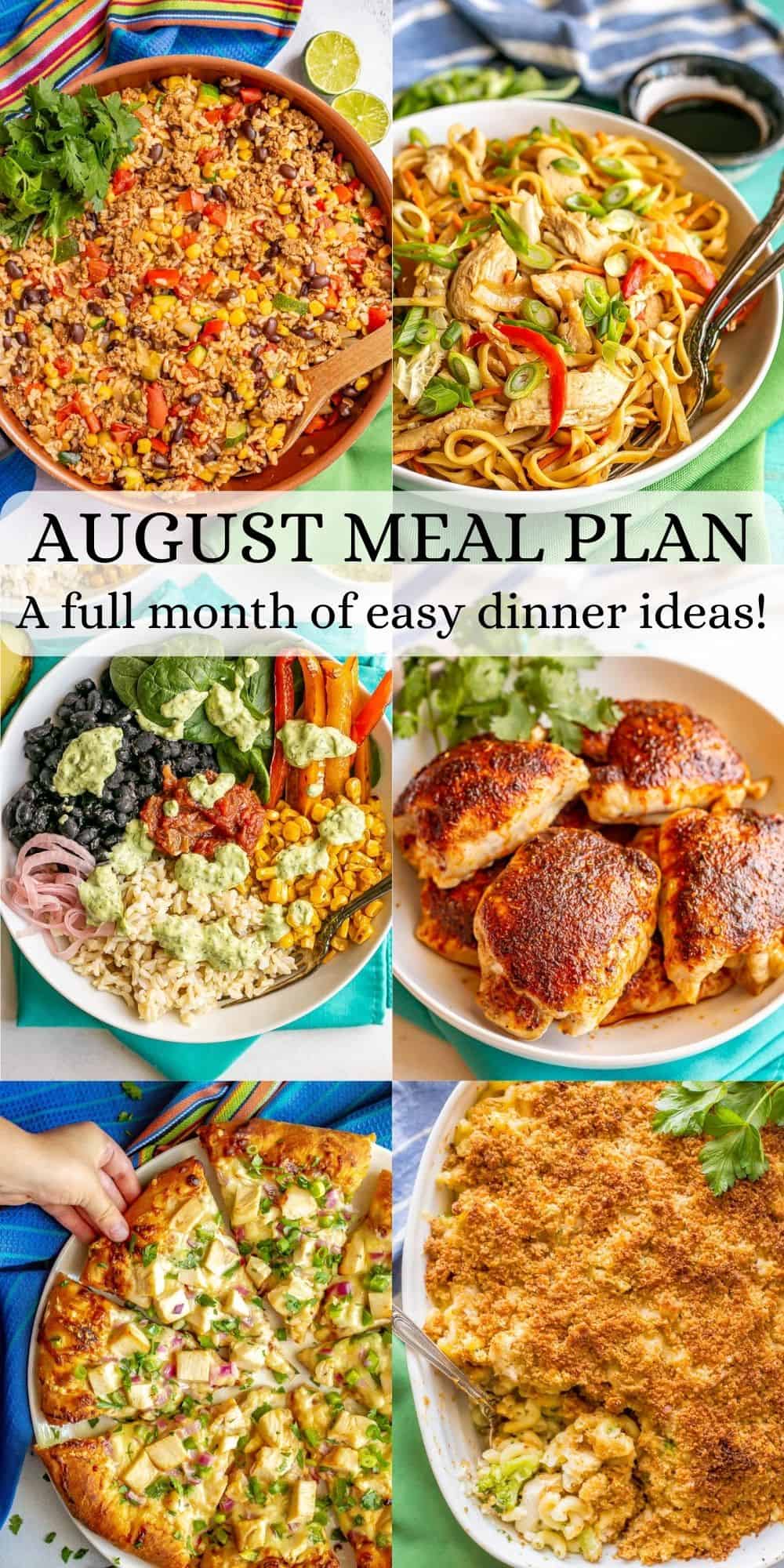 A collage of six dinner photos with a text overlay on top reading August meal plan