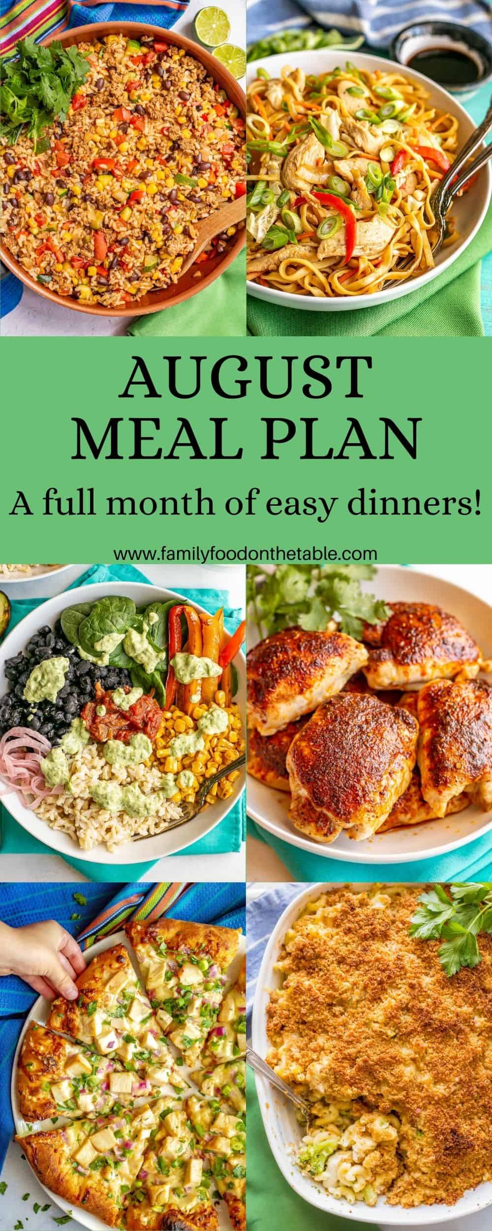 A collage of six dinner photos with a text box in the middle reading August meal plan