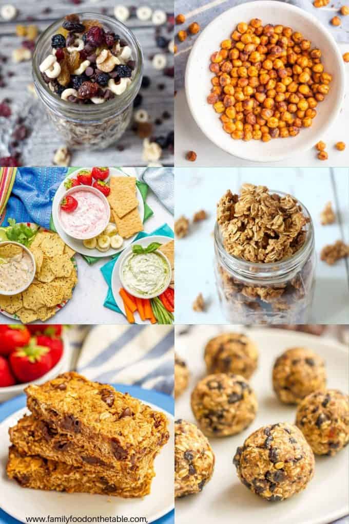 Collage of six healthy snacks that are portable