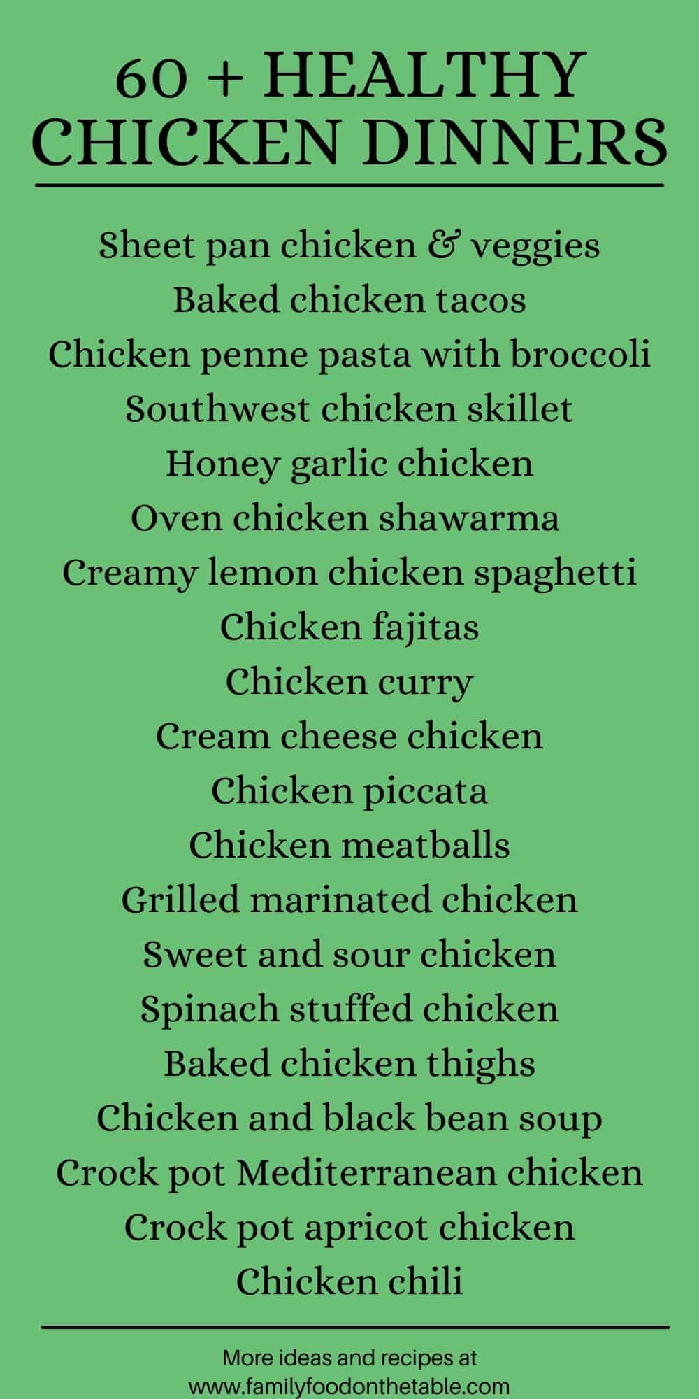 A green text box with a list of healthy chicken dinner ideas