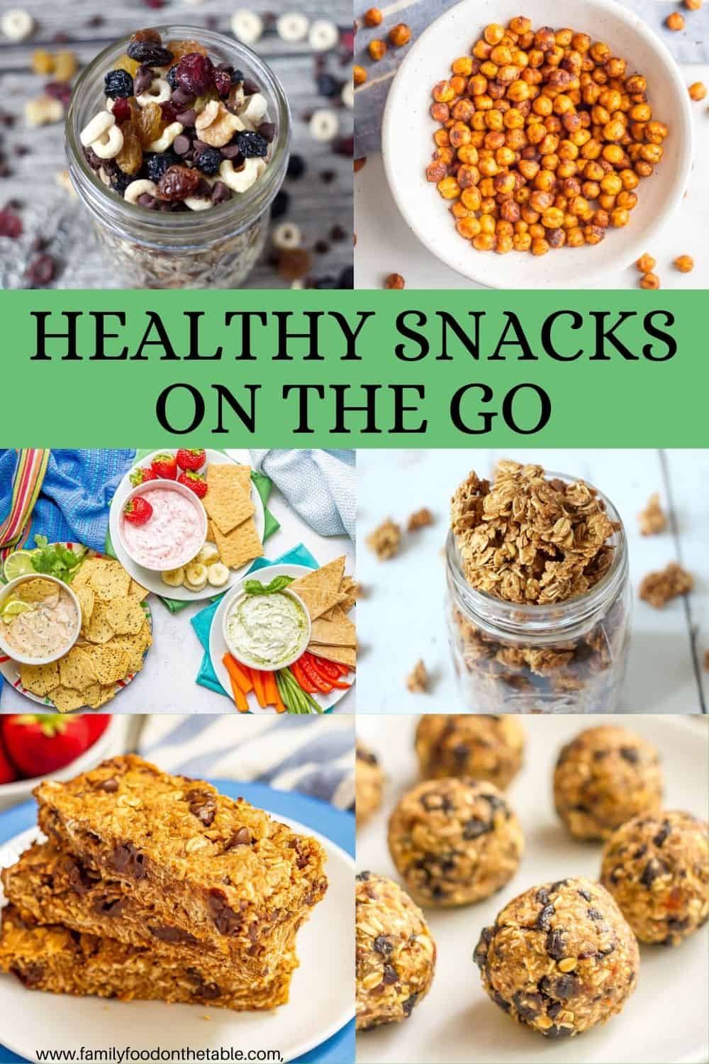 Collage of six healthy snack photos with a text block on the collage