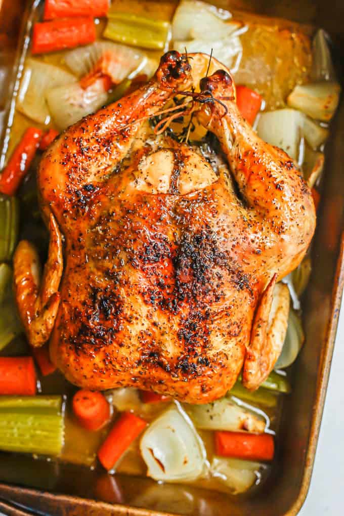 A browned, roasted whole chicken in a pan with veggies underneath