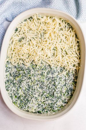 A white casserole dish with a layer of a creamy spinach mixture being topped with shredded mozzarella cheese