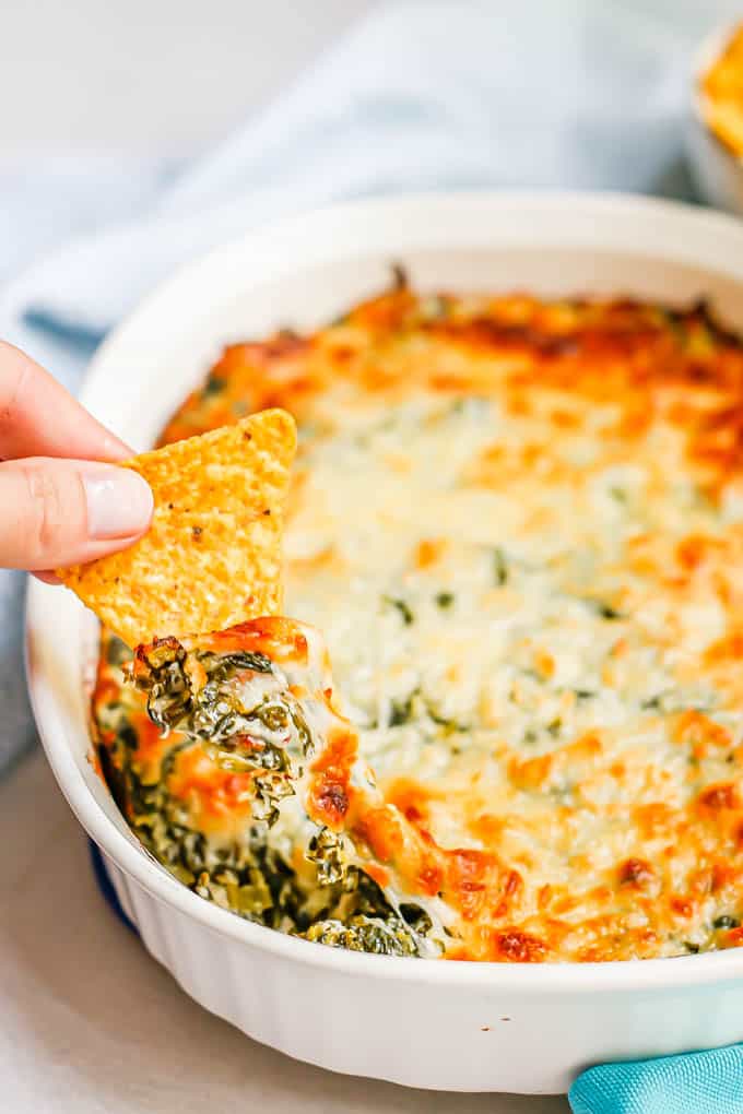 A hand scooping cheesy healthy spinach dip from a serving dish with a tortilla chip