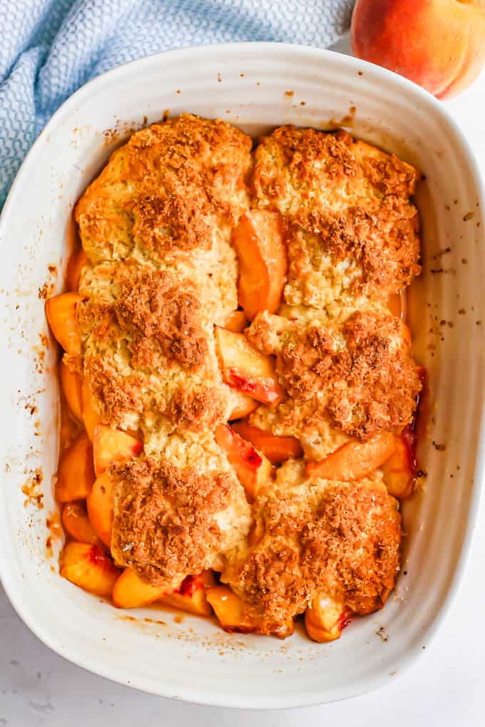 A white casserole dish with peach cobbler after being baked with a blue towel and a fresh peach nearby