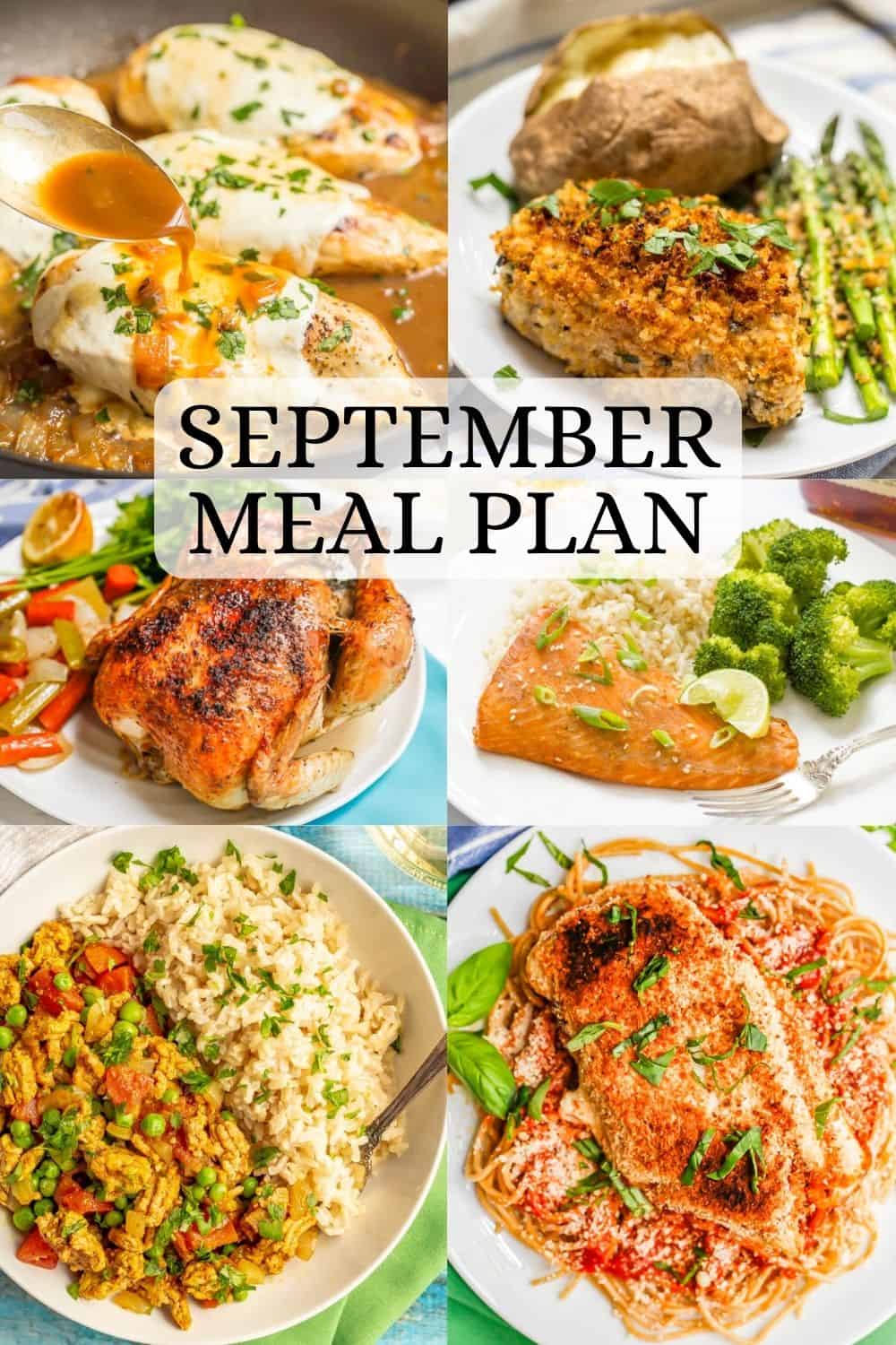 A collage of 6 dinner ideas for a September meal plan with a text overlay on the collage