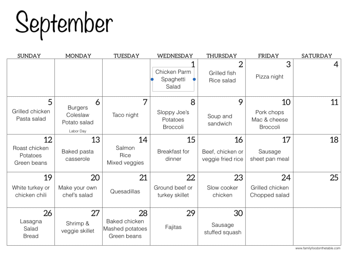 A September monthly calendar with ideas for family dinners printed on each day