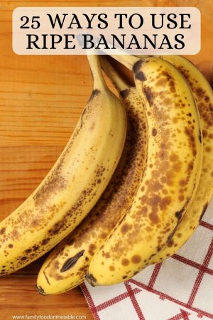 A bunch of ripe bananas on a wooden counter with a text overlay on the photo