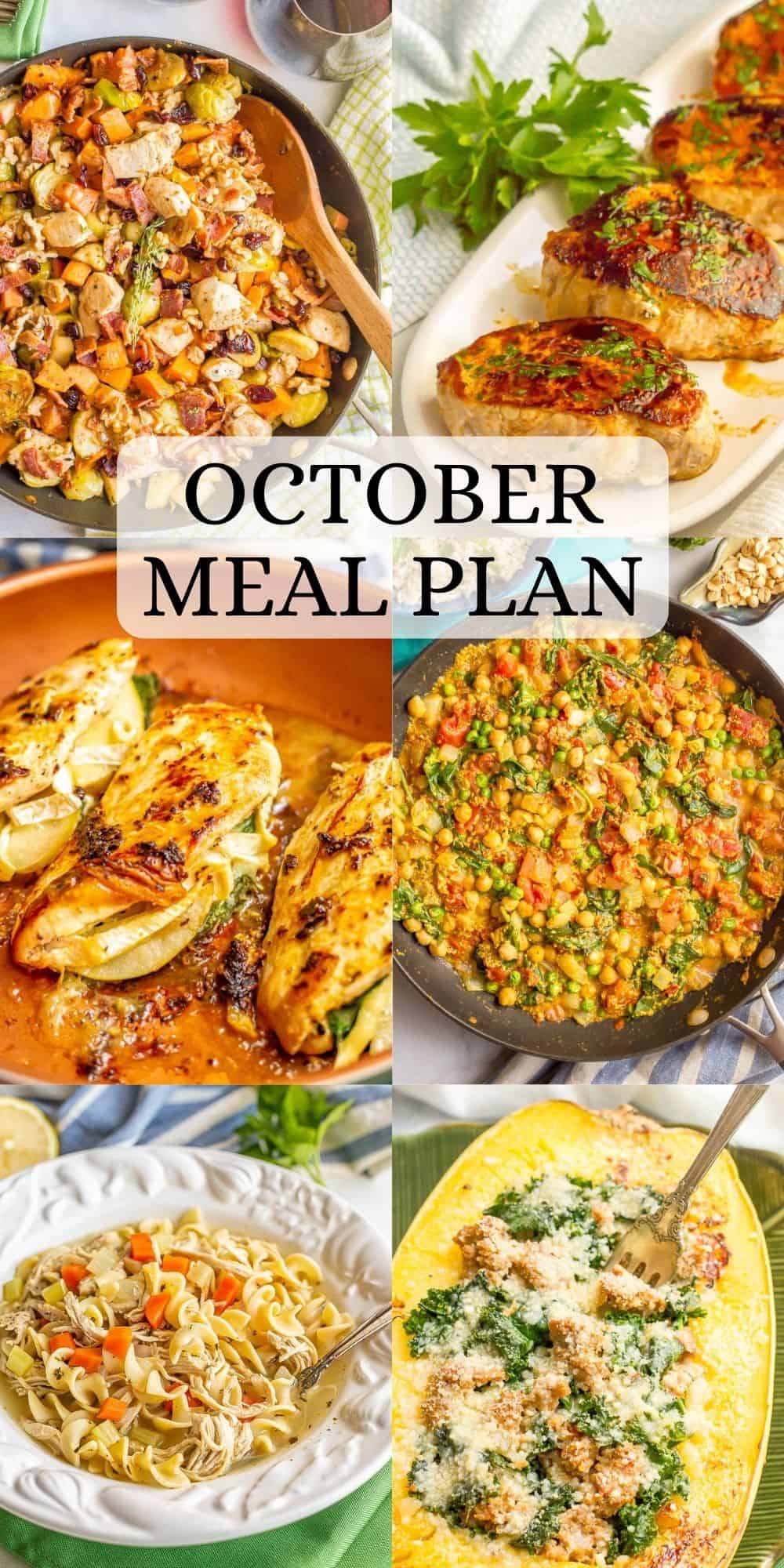 This October meal plan has a full month of ideas for easy, homemade family-friendly dinners. Includes a free printable PDF calendar with each day’s menu idea for easy planning. Collage of 6 family dinners for October with a text overlay on the collage