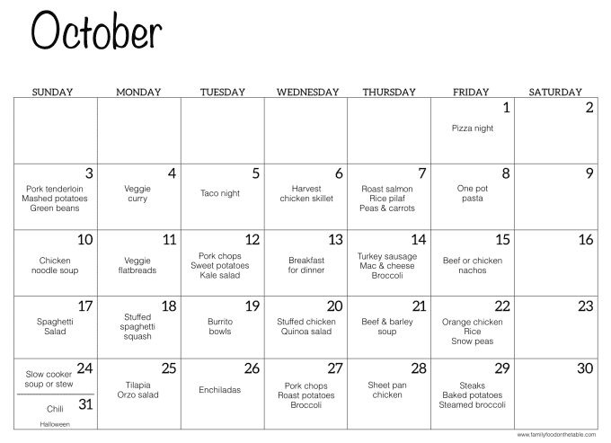 Calendar screen shot of October with family dinner ideas for each day of the month