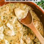 A copper skillet with cubed chicken in gravy with a wooden spoon resting in the skillet and a text overlay on the photo