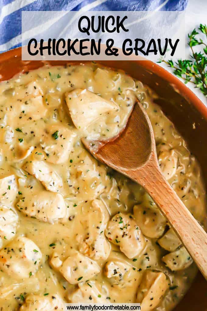 A copper skillet with cubed chicken in gravy with a wooden spoon resting in the skillet and a text overlay on the photo