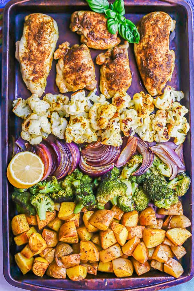 Sheet pan Indian chicken and veggies after roasting in the oven