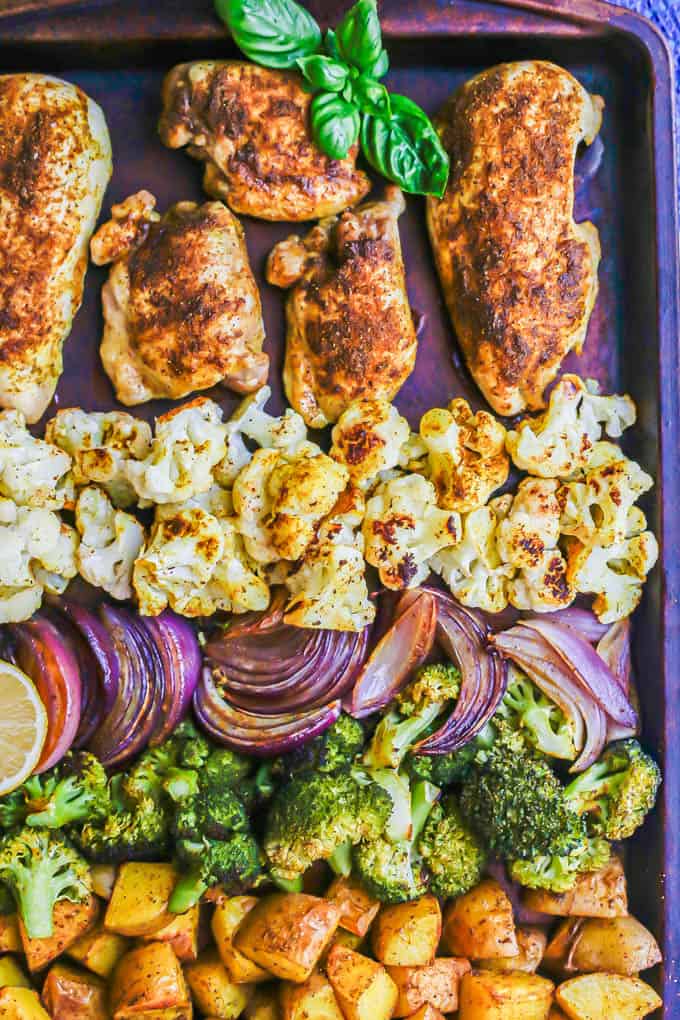 A sheet pan dinner with chicken and veggies after roasting in the oven