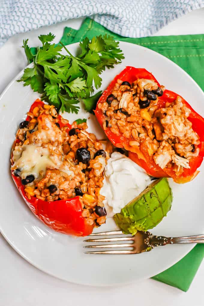 A halved crock pot stuffed bell pepper with rice, beans and chicken served on a white plate with toppings nearby