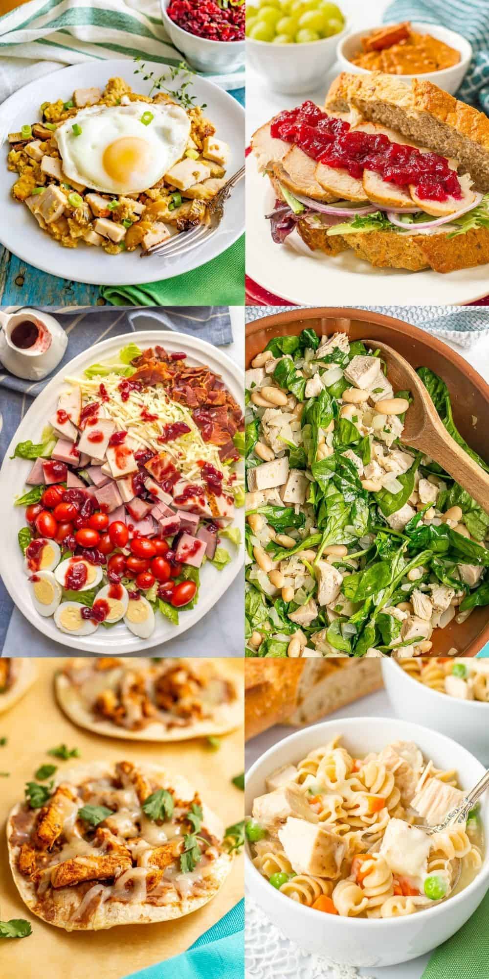 A collage of six photos of dishes using leftover Thanksgiving turkey