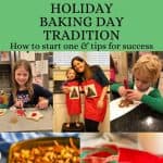 A collage of cookies and holiday treats and a family making them together with a text block in the middle