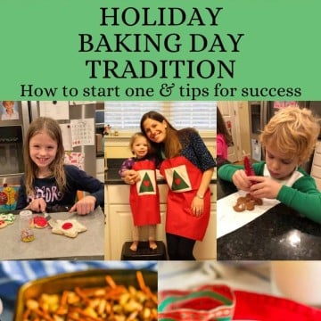 A collage of cookies and holiday treats and a family making them together with a text block in the middle