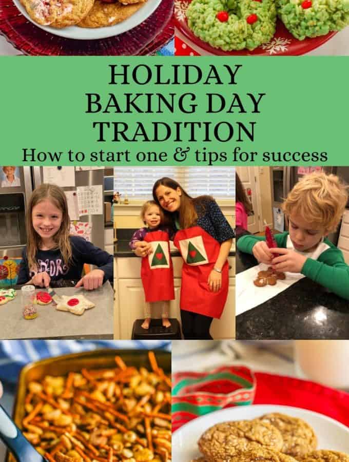 A collage of cookies and holiday treats and a family making them together with a text block in the middle