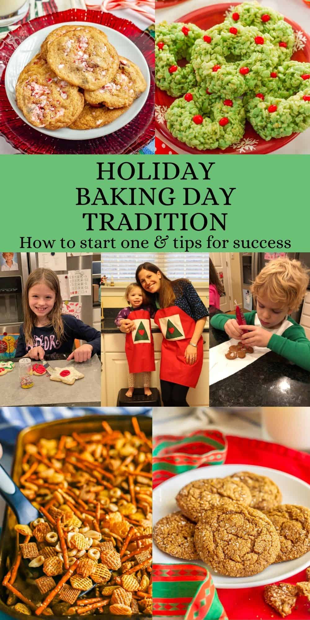 A collage of cookies and holiday treats and a family making them together with a text block in the middle