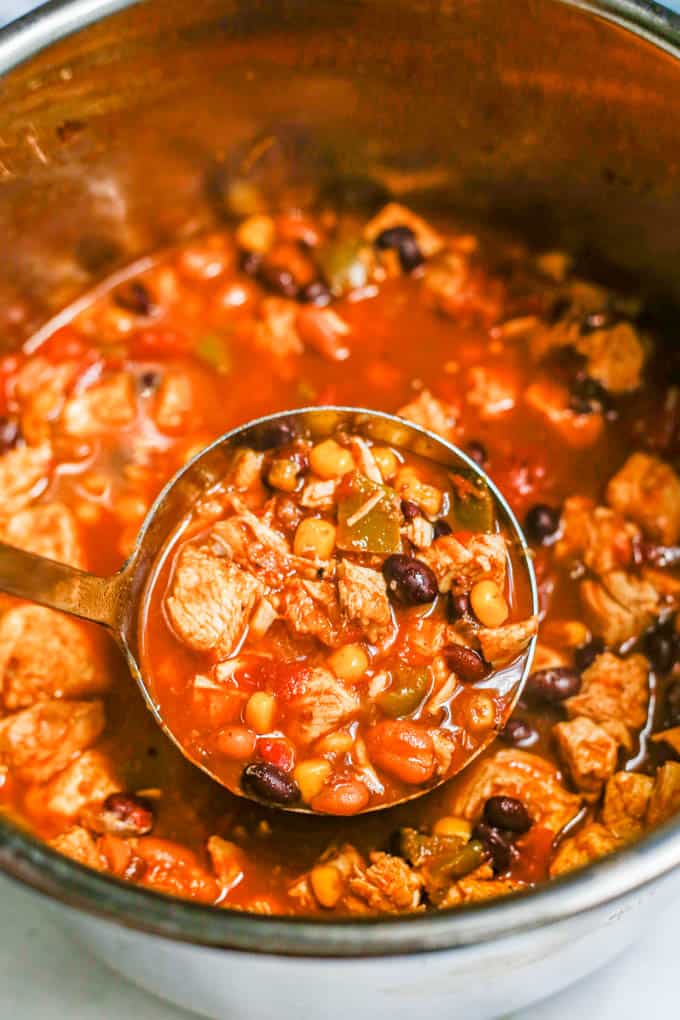 A silver ladle scooping up chicken chili from the insert of an Instant Pot