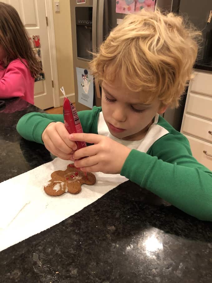 A little boy adding decorative icing to a gingerbread cookie