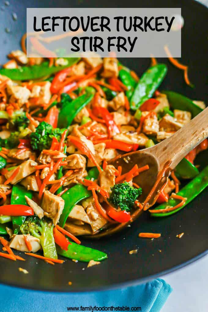 A dark wok with leftover turkey stir fry with colorful veggies and a wooden spoon scooping up the mixture and a text overlay on the photo