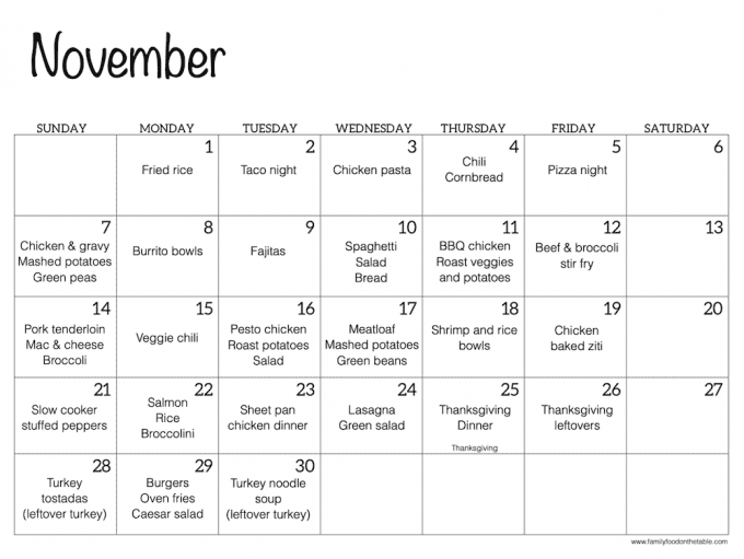 A November calendar with meal plan dinner ideas for each day