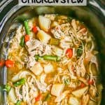 Hearty chicken stew with potatoes and green beans in a slow cooker with a text overlay on the photo