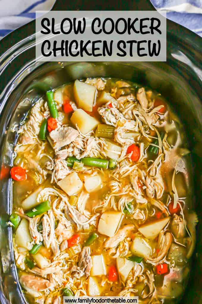 Hearty chicken stew with potatoes and green beans in a slow cooker with a text overlay on the photo