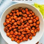 A small white bowl with seasoned and cooked Air Fryer chickpeas and a text overlay on the photo