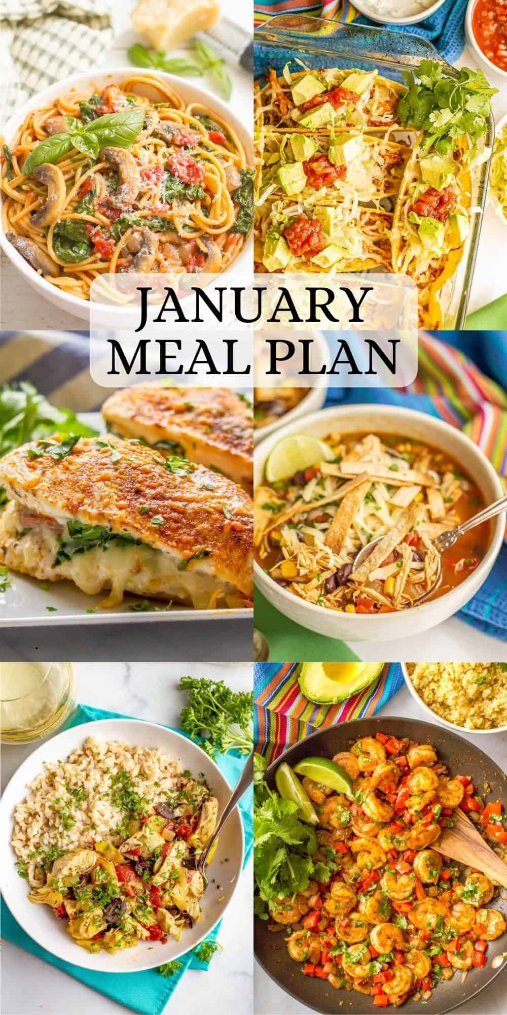 Collage of 6 healthy family dinner ideas for January with a text overlay on the photos