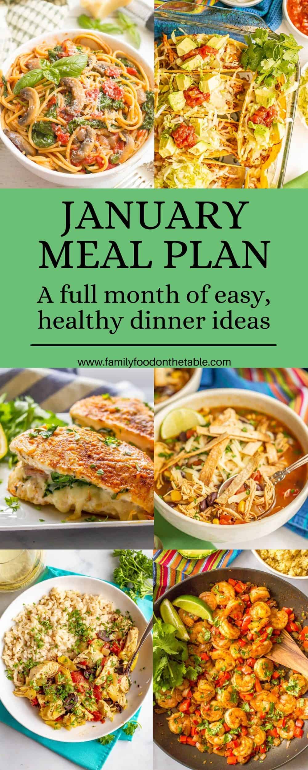 Collage of healthy dinner ideas with a green text overlay in the middle of the photos