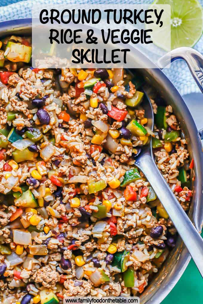 A metal serving spoon resting in a large skillet with ground turkey, rice, veggies, beans and corn with a text overlay on the photo