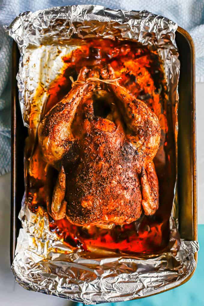 A roasted chicken in a baking pan after coming out of the oven