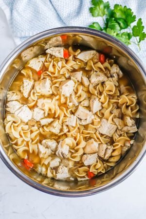 Chicken noodle soup in an Instant Pot insert after being cooked, with a sprig of parsley to the side