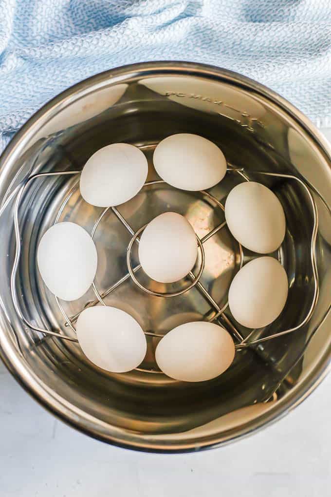 Hard boiled eggs set on a rack in an Instant Pot insert