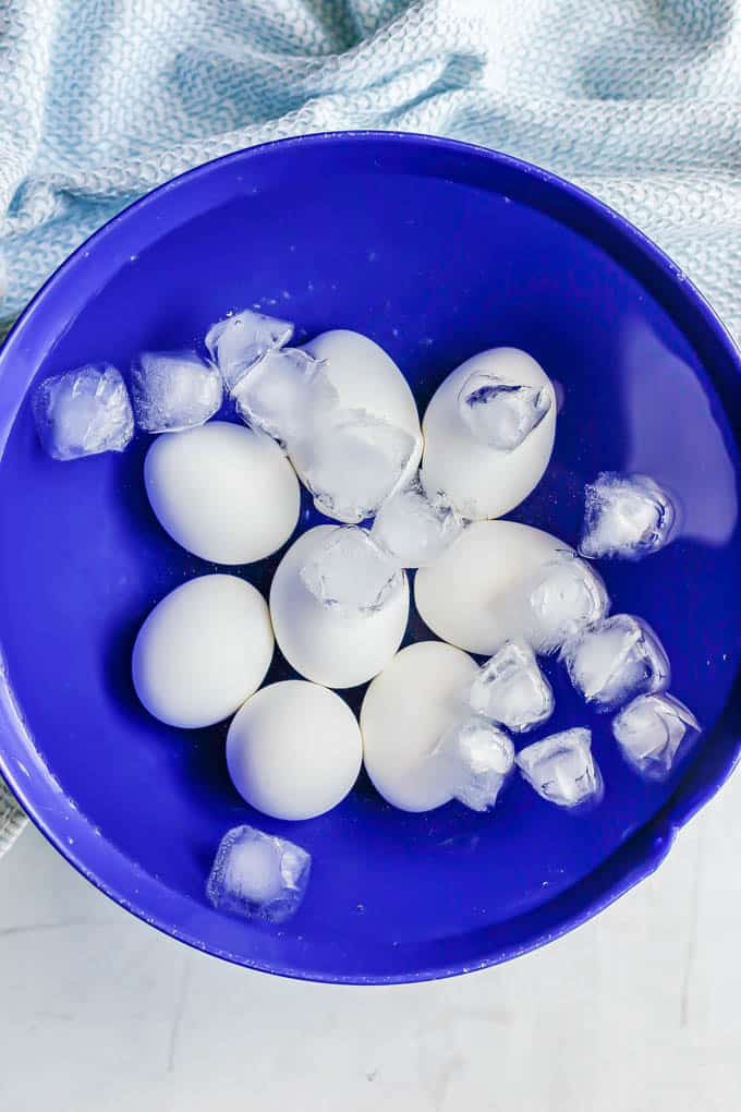 Hard boiled eggs in a large blue bowl filled with ice water